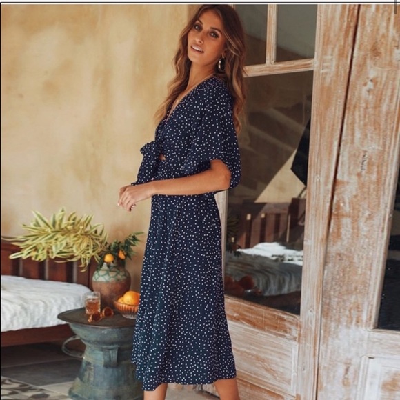 Boho Blue and White Polka Dot Tie Front Midi Dress - Picture 4 of 7